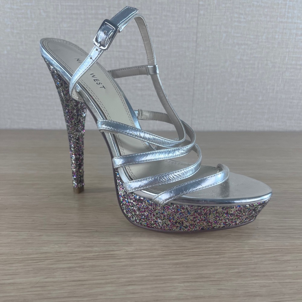 Nine West Warm Candy Silver Metallic Glitter Platform Heels Party Sandals 10